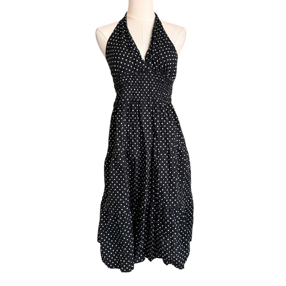 American Flirt Polka Dot Halter Dress Black White Smocked Waist Small